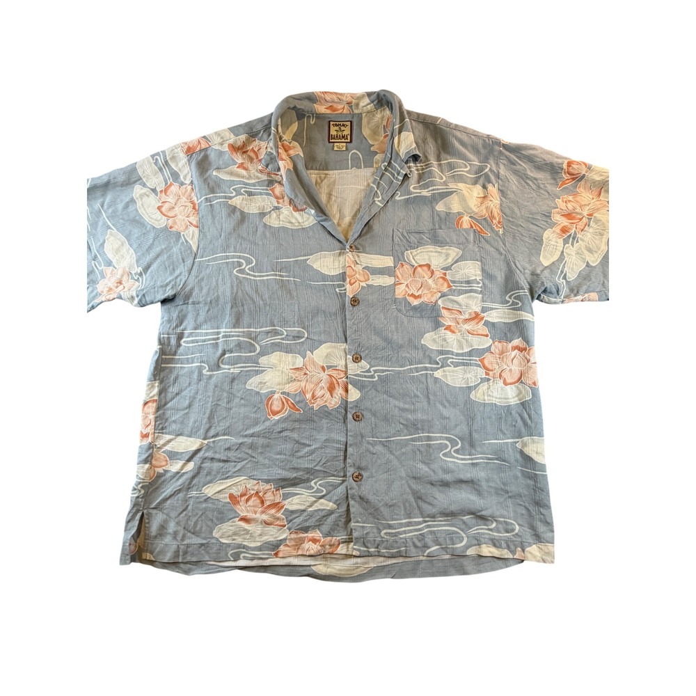 Tommy Bahama Mens Large Silk Lotus Flower Camp Shirt Blue Short Sleeve Floral